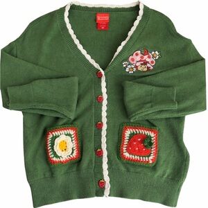 Strawberry Shortcake Green Knit Cardigan with Crocheted Pocket Appliqués